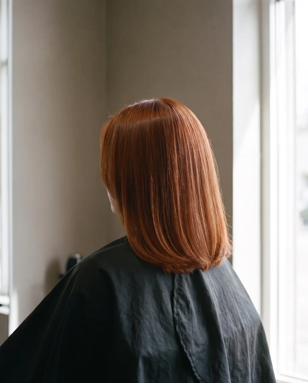 After: a glossy copper red, cut to a neat blunt line at the shoulders