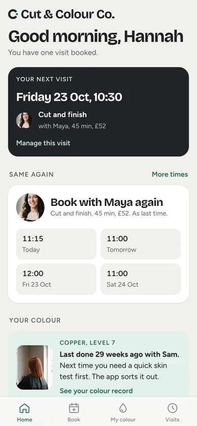 The app home screen: next visit and book with Maya again