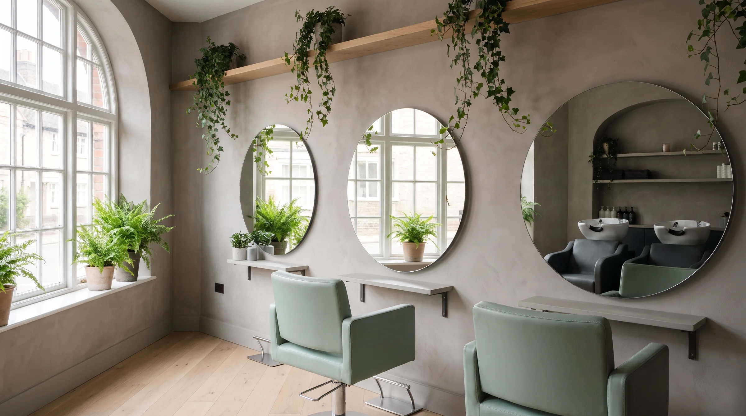 The salon: three stations with round mirrors, mint chairs and trailing plants