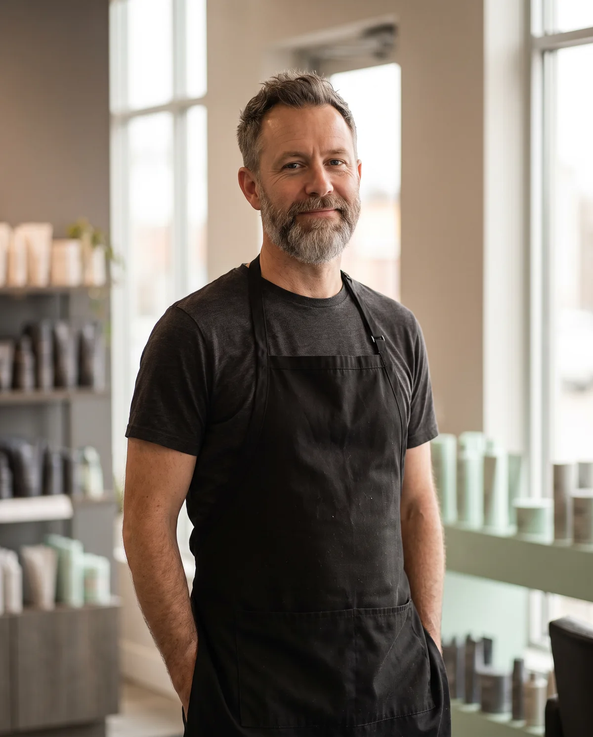 Tom, with a grey beard, in the salon